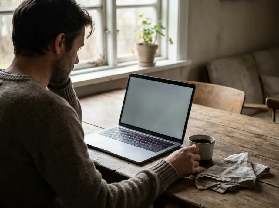 Completing an online health review at a kitchen table