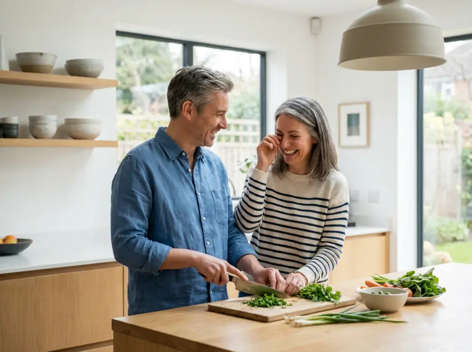 A couple relaxed together in a bright kitchen